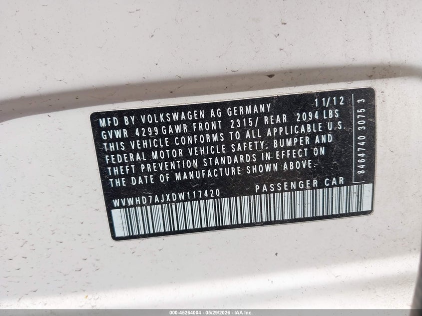 2013 Volkswagen Gti 4-Door VIN: WVWHD7AJXDW117420 Lot: 45264004
