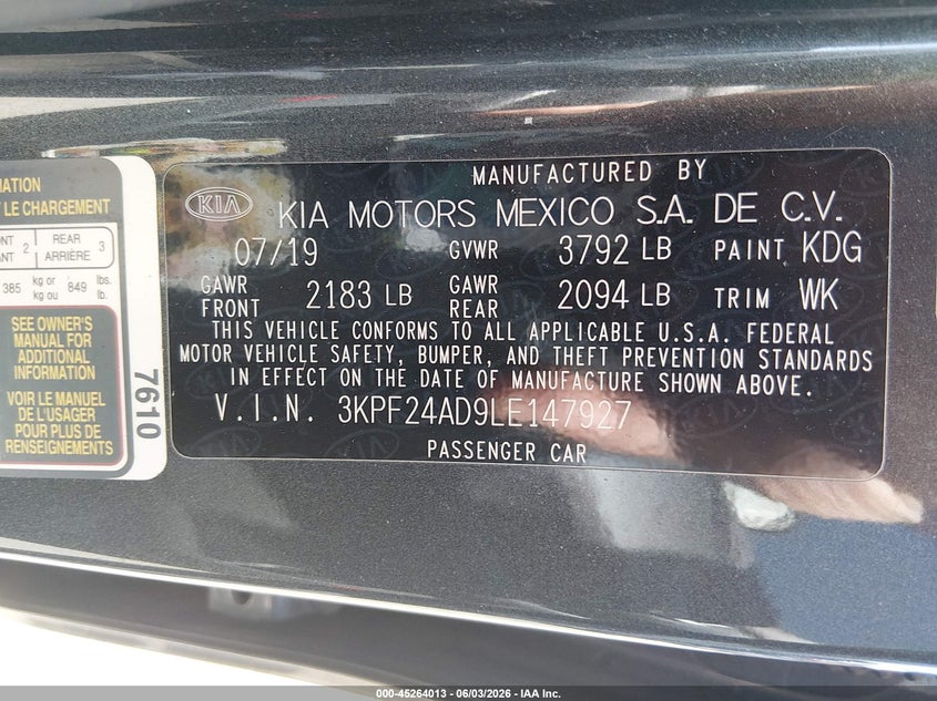 VIN 3KPF24AD9LE147927 2020 KIA FORTE LXS
