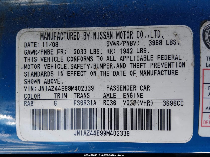 2009 Nissan 370Z VIN: JN1AZ44E99M402339 Lot: 45264018
