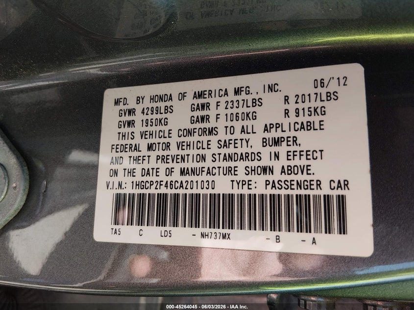 2012 Honda Accord 2.4 2.4 Lx-P grey Lot 111045264045 Vin 1HGCP2F46CA201030