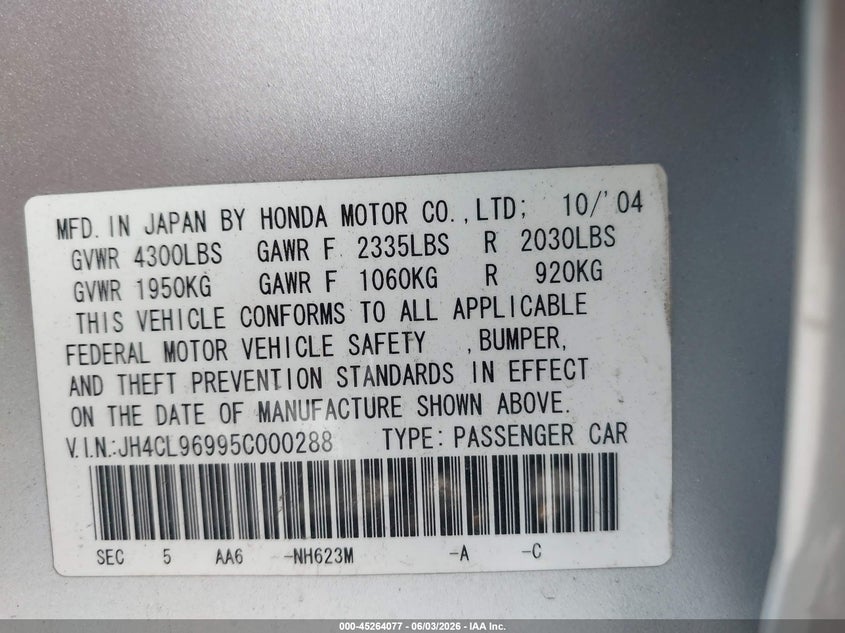 2005 Acura Tsx Base W/Navigation (A5) VIN: JH4CL96995C000288 Lot: 45264077