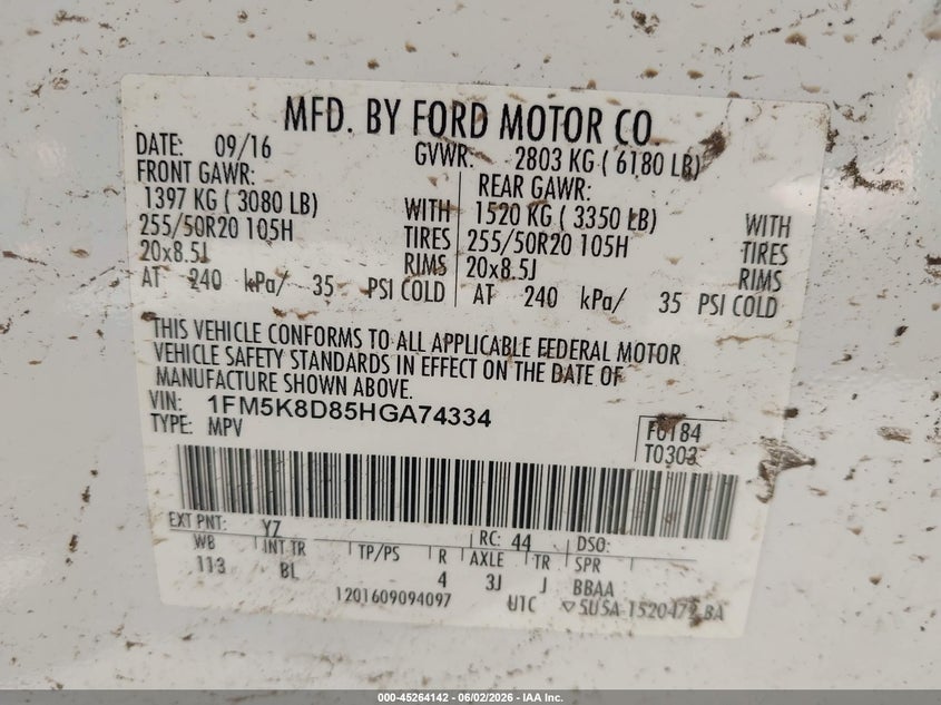 VIN 1FM5K8D85HGA74334 2017 FORD EXPLORER XLT