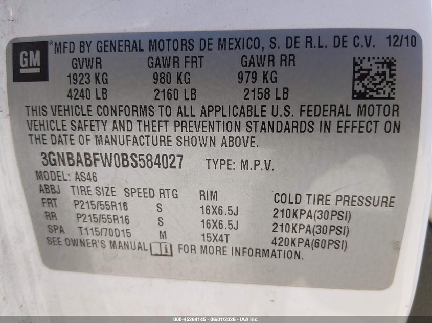 2011 Chevrolet Hhr Lt VIN: 3GNBABFW0BS584027 Lot: 45264145