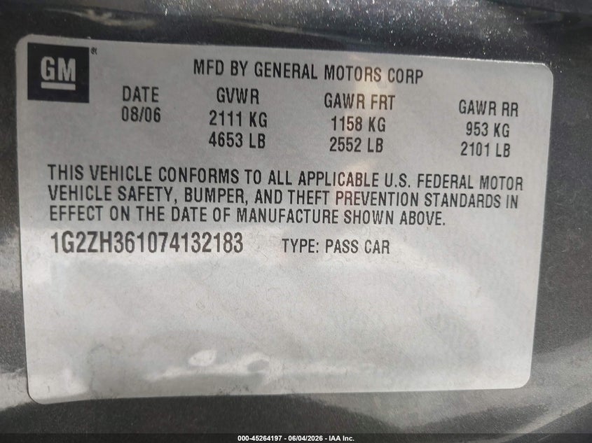 2007 Pontiac G6 Gt VIN: 1G2ZH361074132183 Lot: 45264197