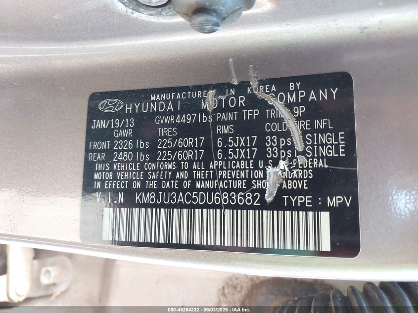 2013 Hyundai Tucson Gls VIN: KM8JU3AC5DU683682 Lot: 45264232