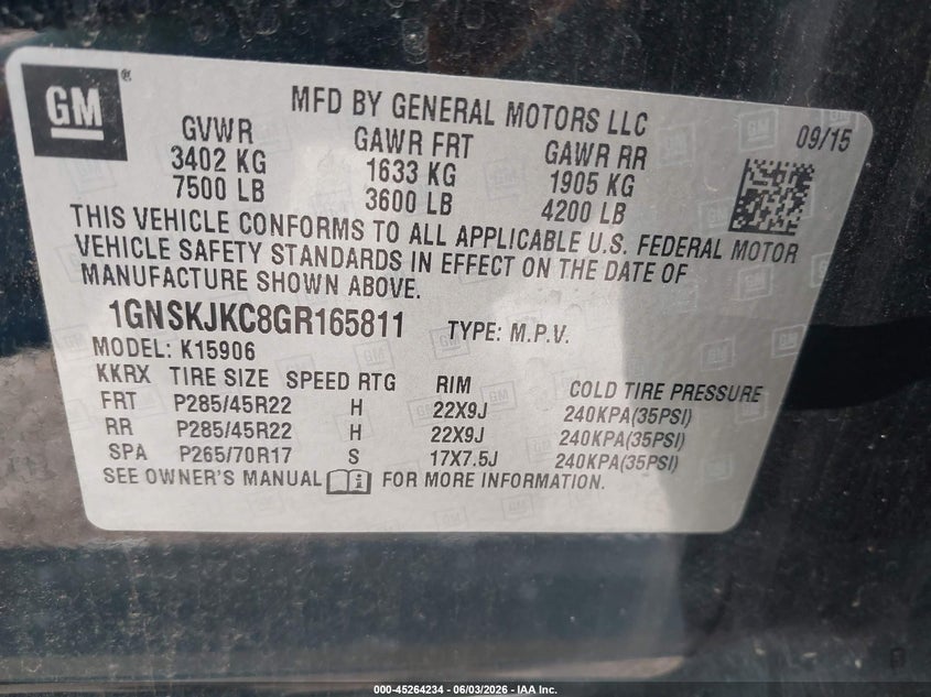2016 Chevrolet Suburban Ltz VIN: 1GNSKJKC8GR165811 Lot: 45264234