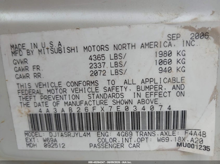 2007 Mitsubishi Galant De VIN: 4A3AB26FX7E034074 Lot: 45264247