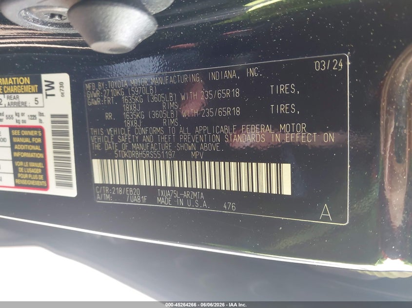 TOYOTA HIGHLANDER 2024 VIN 5TDKDRBH5RS551197