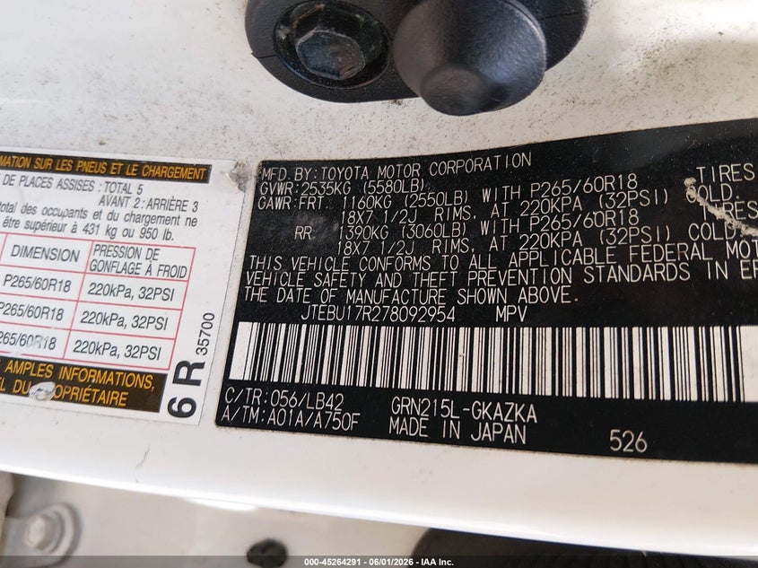 2007 Toyota 4Runner Limited V6 VIN: JTEBU17R278092954 Lot: 45264291