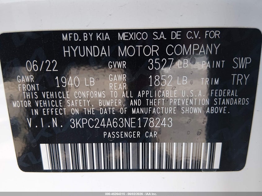 2022 Hyundai Accent Se VIN: 3KPC24A63NE178243 Lot: 45264315