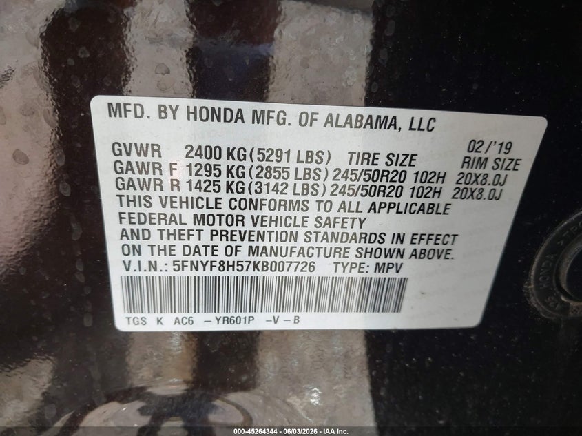 2019 Honda Passport Ex-L VIN: 5FNYF8H57KB007726 Lot: 45264344