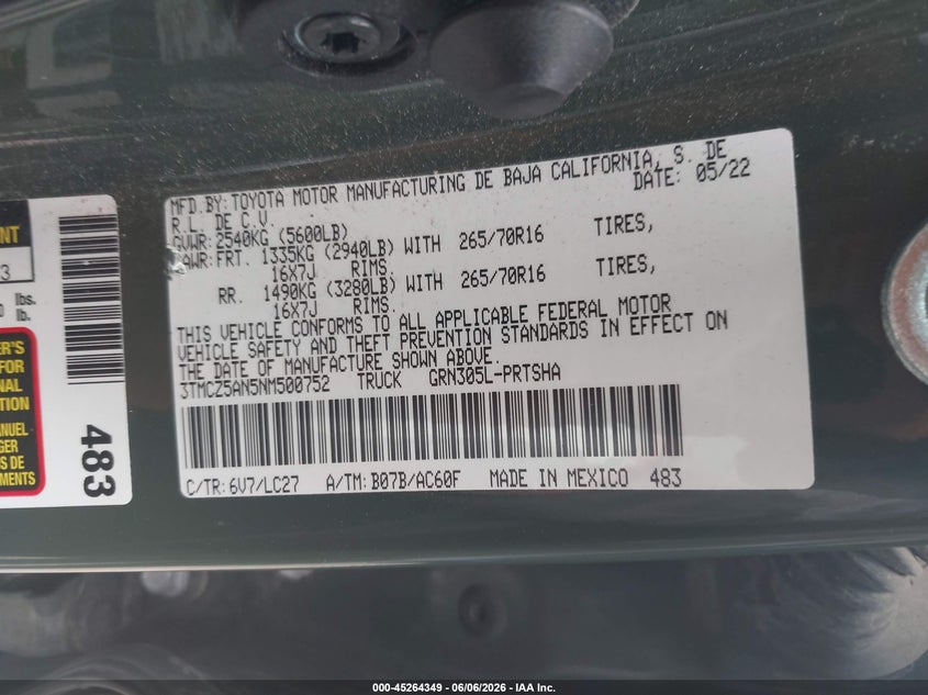 2022 TOYOTA TACOMA 3.5L V-6 DI, DOHC, V(VIN: 3TMCZ5AN5NM500752