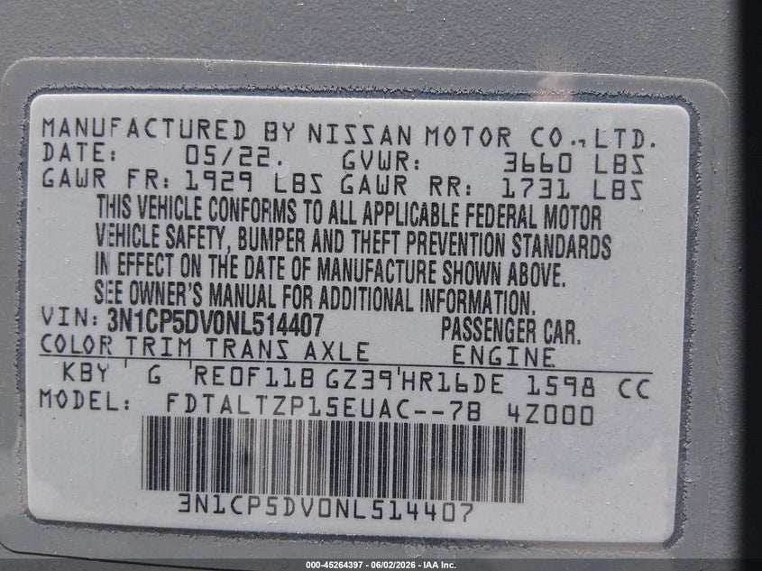 2022 Nissan Kicks Sr Xtronic Cvt VIN: 3N1CP5DV0NL514407 Lot: 45264397