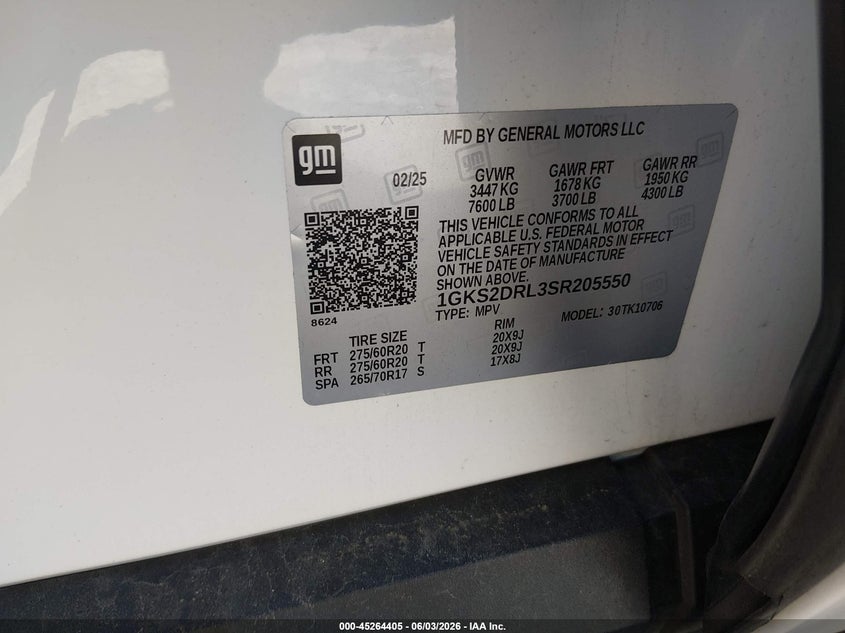 2025 GMC Yukon 4Wd Denali VIN: 1GKS2DRL3SR205550 Lot: 45264405