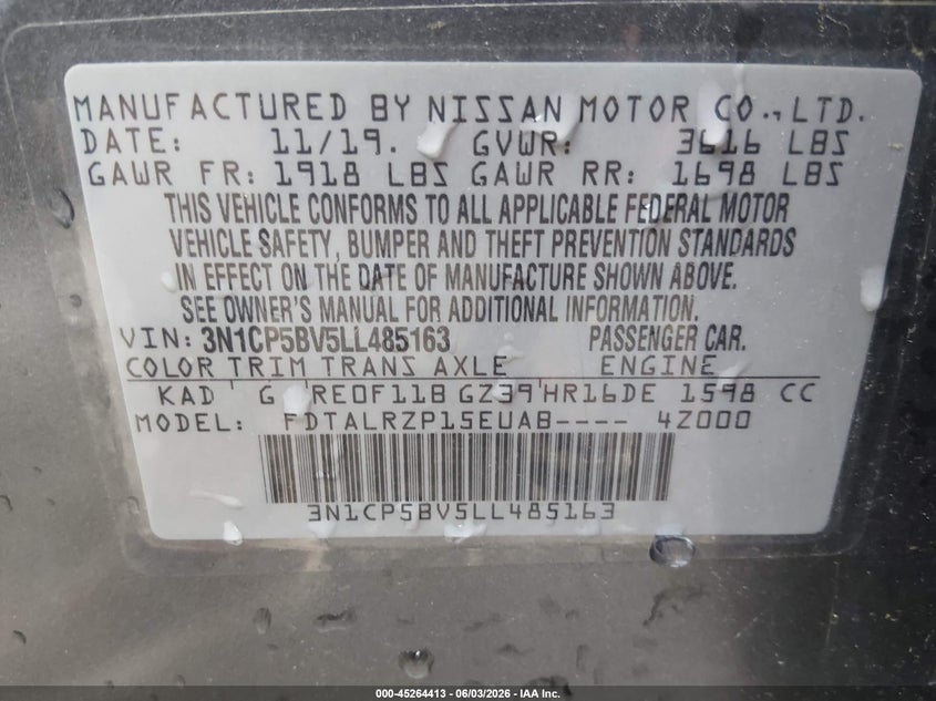 2020 Nissan Kicks S Xtronic Cvt VIN: 3N1CP5BV5LL485163 Lot: 45264413