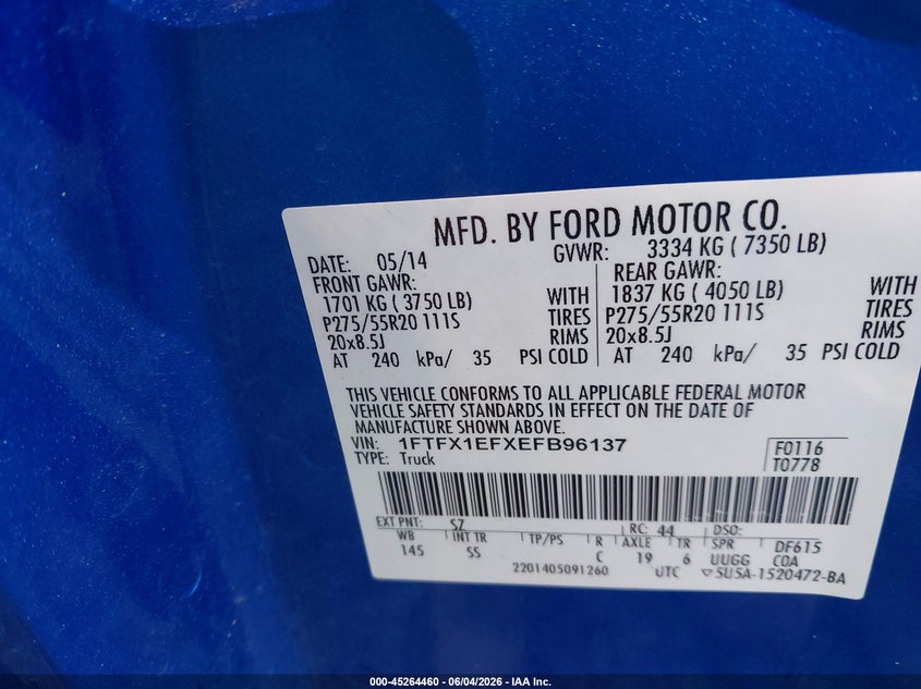 2014 Ford F-150 Stx VIN: 1FTFX1EFXEFB96137 Lot: 45264460