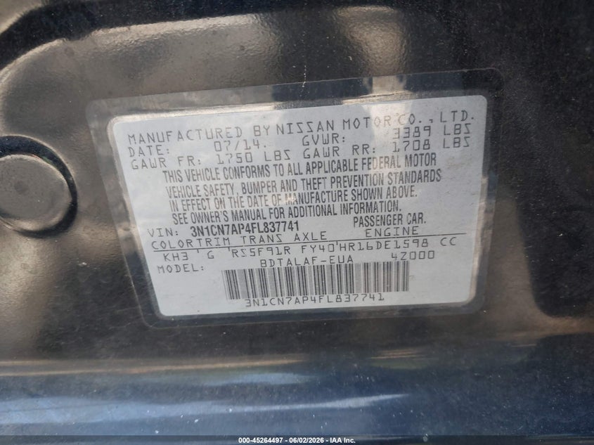 2015 Nissan Versa 1.6 S VIN: 3N1CN7AP4FL837741 Lot: 45264497