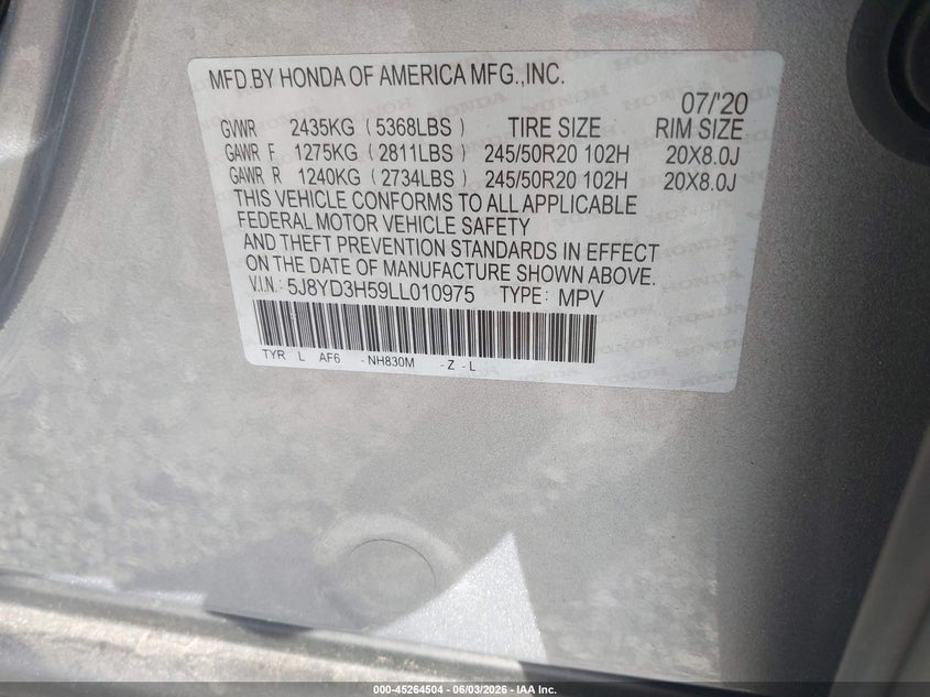 2020 Acura Mdx Technology Package VIN: 5J8YD3H59LL010975 Lot: 45264504