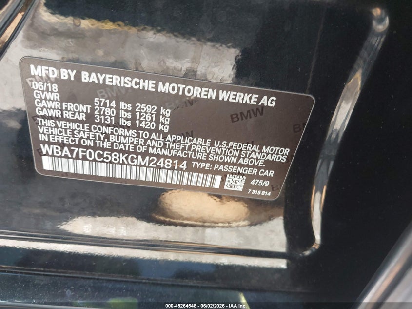 2019 BMW 750I VIN: WBA7F0C58KGM24814 Lot: 45264548