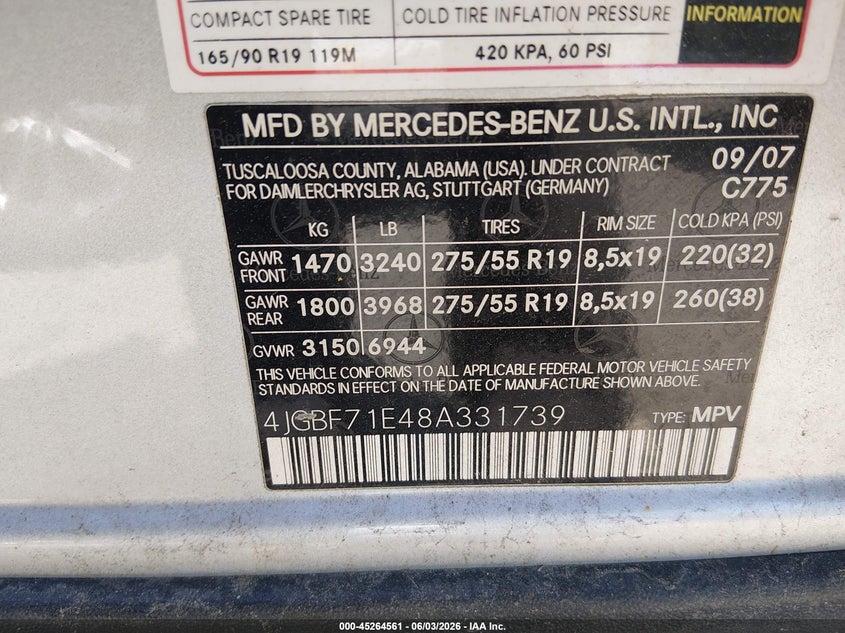 2008 Mercedes-Benz Gl 450 4Matic VIN: 4JGBF71E48A331739 Lot: 45264561