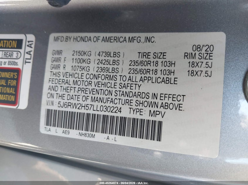 2020 Honda Cr-V Awd Ex VIN: 5J6RW2H57LL030224 Lot: 45264574