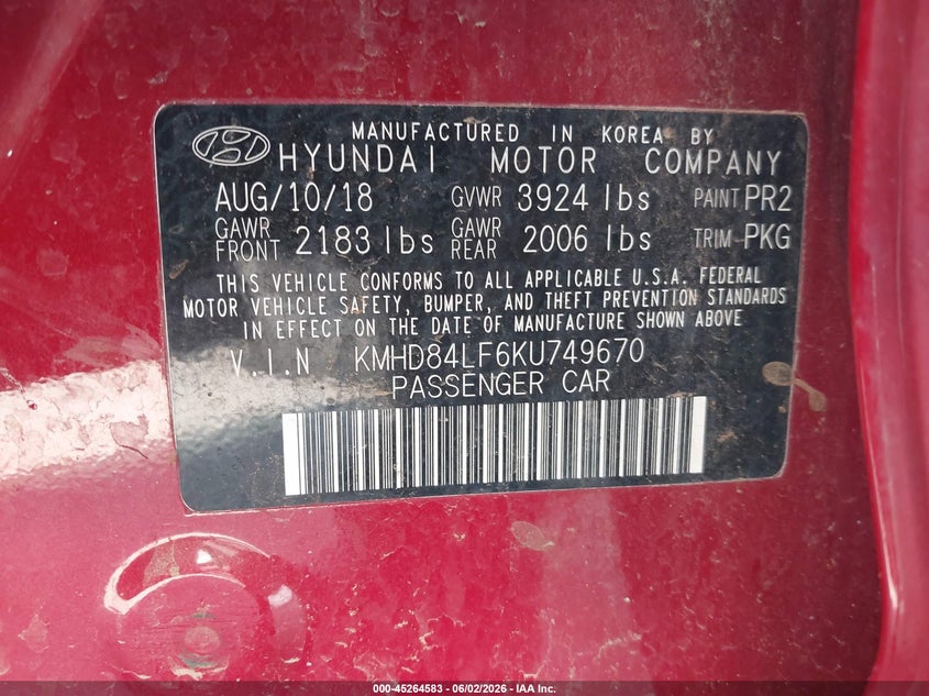 VIN KMHD84LF6KU749670 2019 HYUNDAI ELANTRA SEL