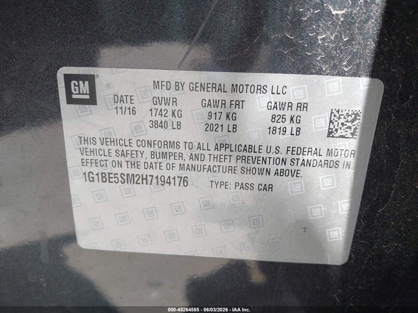 2017 Chevrolet Cruze Lt Auto VIN: 1G1BE5SM2H7194176 Lot: 45264585