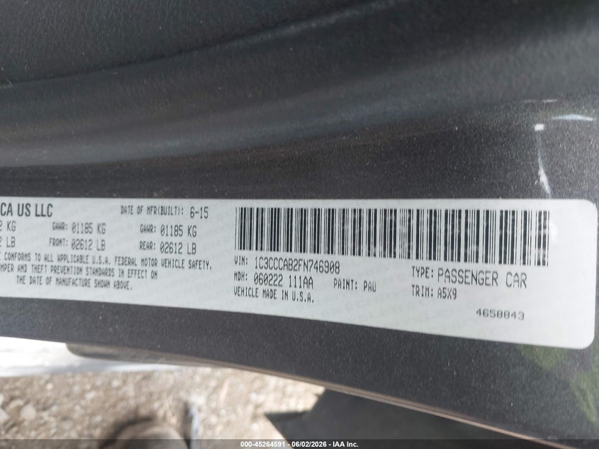 2015 Chrysler 200 Limited VIN: 1C3CCCAB2FN746908 Lot: 45264591