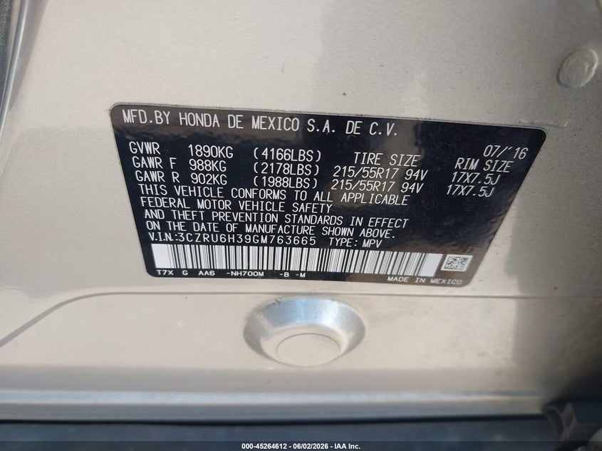 HONDA HR-V 2016 VIN 3CZRU6H39GM763665