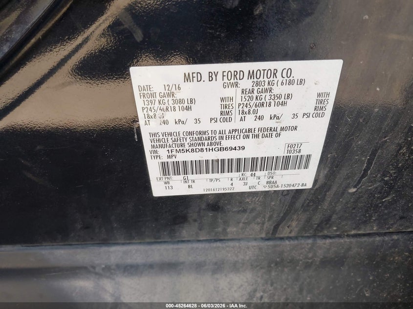 2017 Ford Explorer Xlt VIN: 1FM5K8D81HGB69439 Lot: 45264628