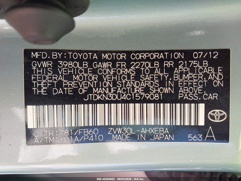2012 Toyota Prius 1.8 Three turquoise Lot 111045264652 Vin JTDKN3DU4C1579081
