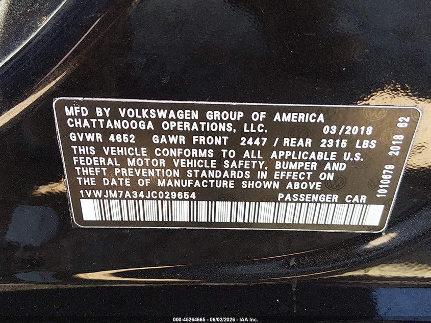 2018 Volkswagen Passat 3.6L V6 Gt VIN: 1VWJM7A34JC029654 Lot: 45264665