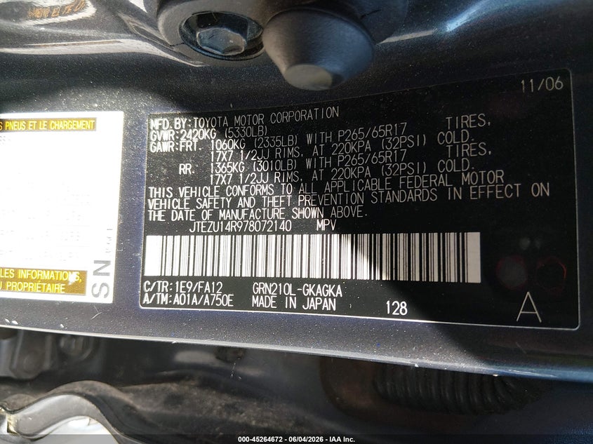 2007 Toyota 4Runner Sr5 V6 VIN: JTEZU14R978072140 Lot: 45264672