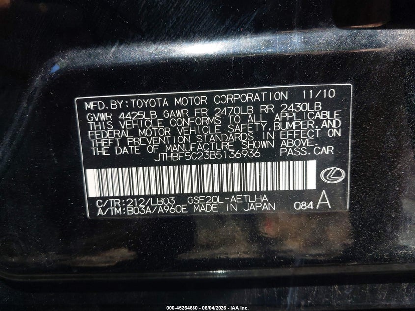 2011 Lexus Is 250 VIN: JTHBF5C23B5136936 Lot: 45264680