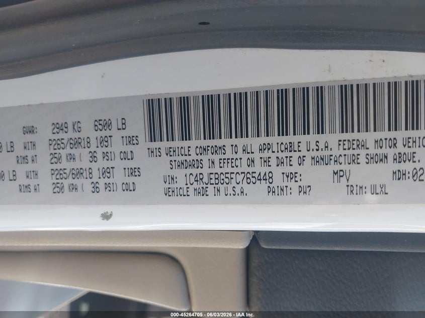 2015 Jeep Grand Cherokee Limited VIN: 1C4RJEBG5FC765448 Lot: 45264705