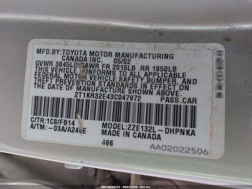 2003 Toyota Matrix Xr VIN: 2T1KR32E43CO47972 Lot: 45264742