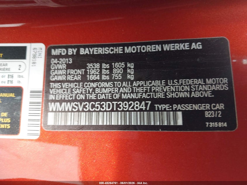 2013 Mini Hardtop Cooper S VIN: WMWSV3C53DT392847 Lot: 45264761