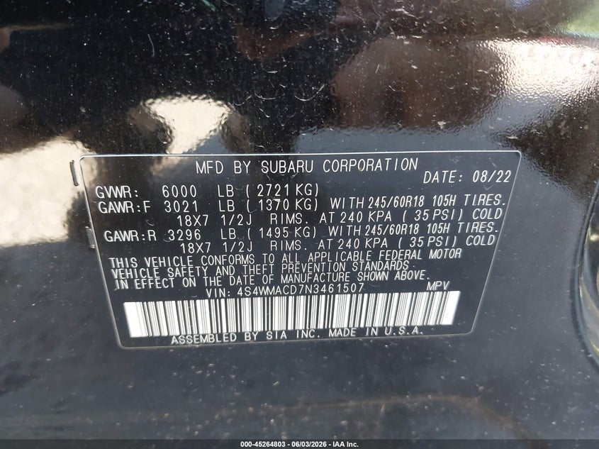 2022 Subaru Ascent Premium VIN: 4S4WMACD7N3461507 Lot: 45264803