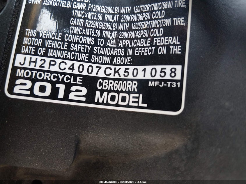 2012 Honda Cbr600 Rr VIN: JH2PC4007CK501058 Lot: 45264806