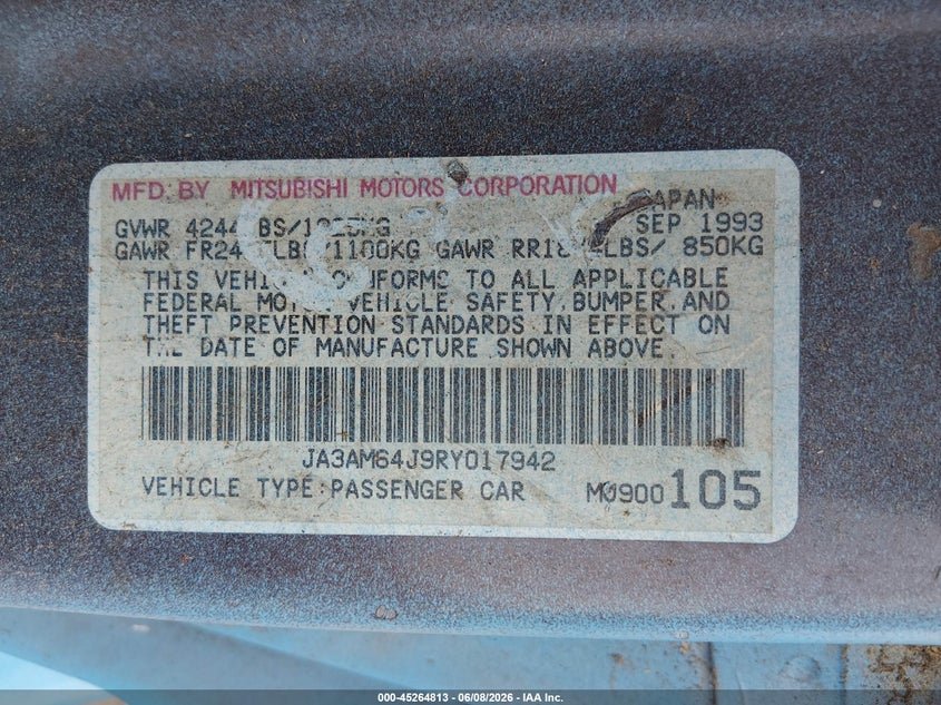 1994 Mitsubishi 3000 Gt Sl VIN: JA3AM64J9RY017942 Lot: 45264813