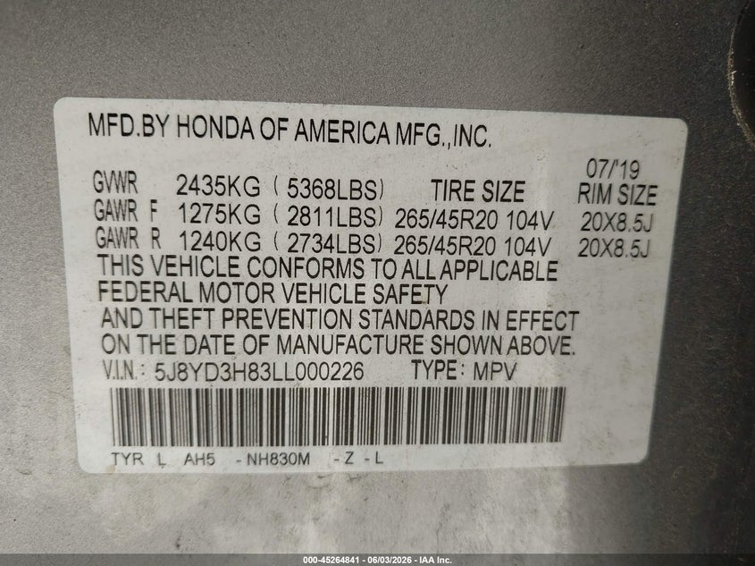 2020 Acura Mdx Advance Package VIN: 5J8YD3H83LL000226 Lot: 45264841