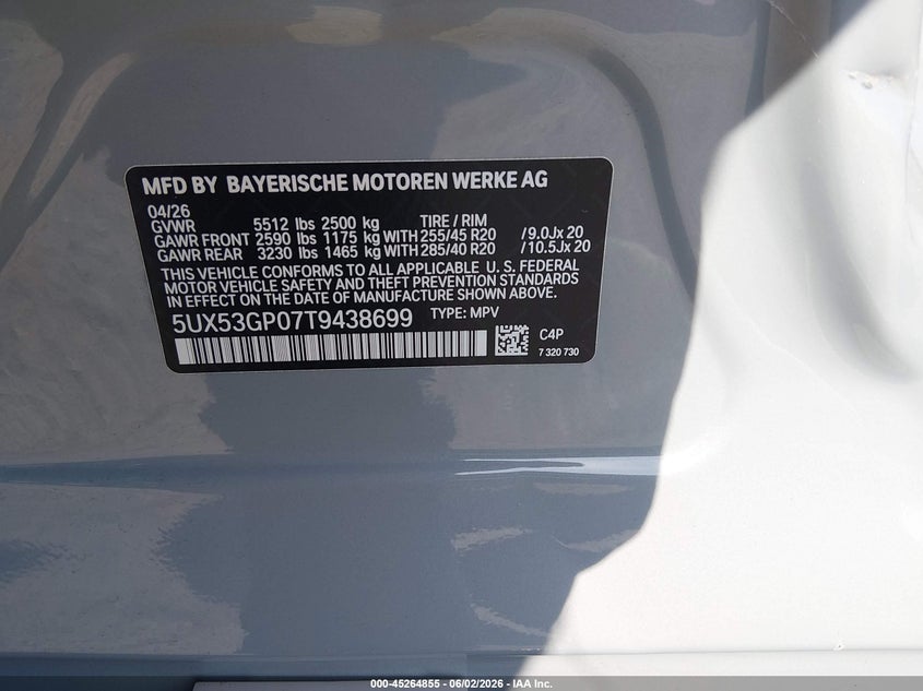 2026 BMW X3 30 xDrive VIN: 5UX53GP07T9438699 Lot: 45264855