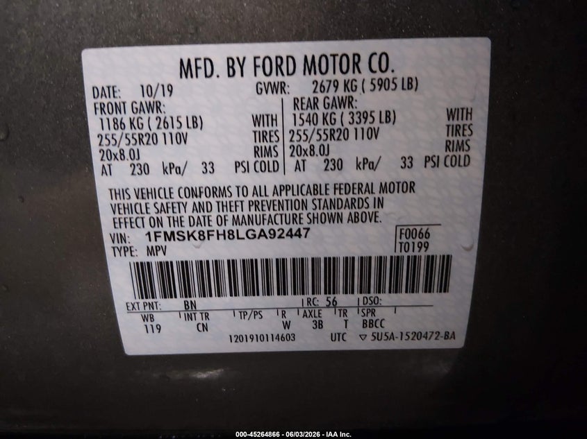 2020 Ford Explorer Limited VIN: 1FMSK8FH8LGA92447 Lot: 45264866
