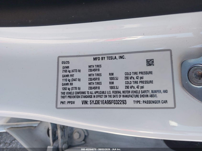 2025 Tesla Model 3 Long Range Rear-Wheel Drive/Standard Rear-Wheel Drive VIN: 5YJ3E1EA9SF032293 Lot: 45264870