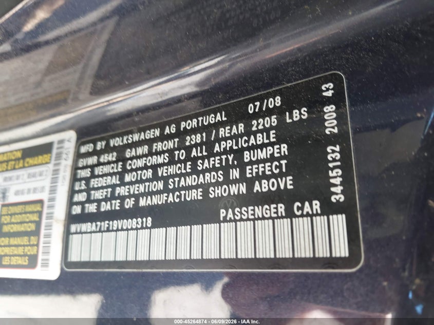 2009 Volkswagen Eos Komfort VIN: WVWBA71F19V008318 Lot: 45264874