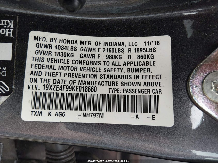 2019 Honda Insight Touring VIN: 19XZE4F99KE018660 Lot: 45264877