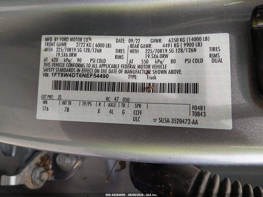 2022 Ford F-450 Platinum VIN: 1FT8W4DT6NEF54490 Lot: 45264890