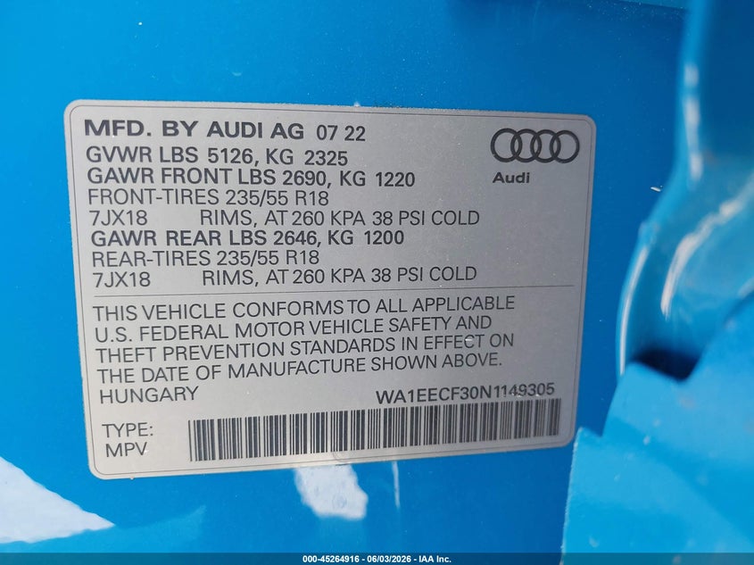 2022 Audi Q3 Premium Plus 45 Tfsi S Line Quattro Tiptronic VIN: WA1EECF30N1149305 Lot: 45264916