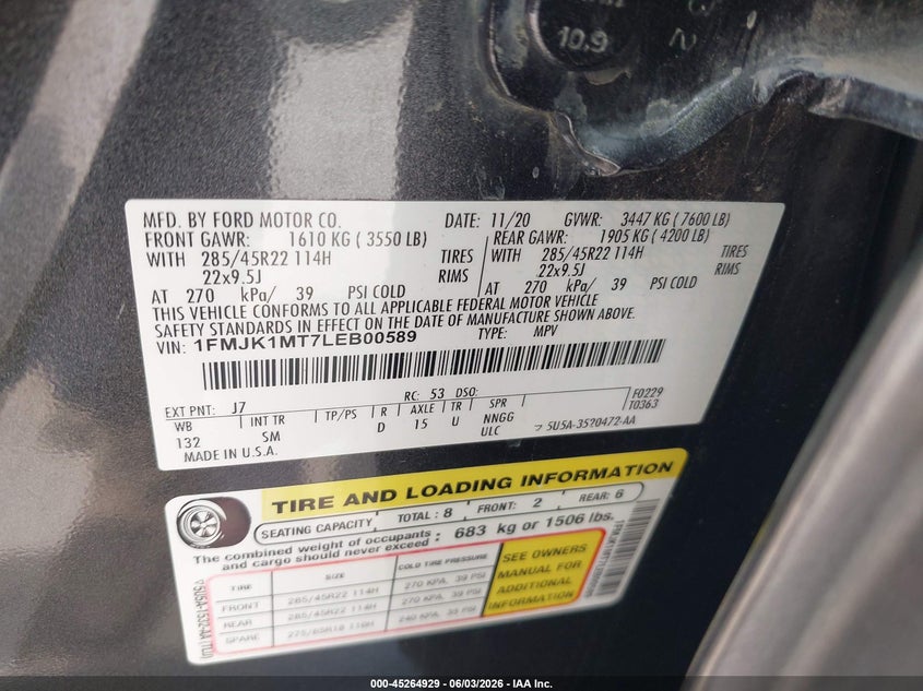 2020 Ford Expedition Platinum Max VIN: 1FMJK1MT7LEB00589 Lot: 45264929