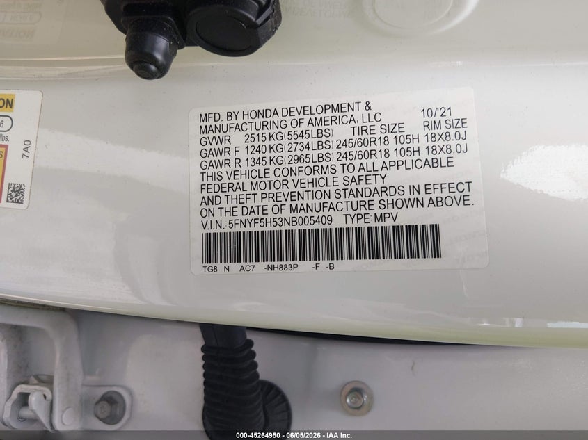 2022 HONDA PILOT 3.5L V-6 DI, VVT, 28(VIN: 5FNYF5H53NB005409